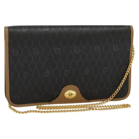 Christian Dior Honeycomb Canvas Chain Bag PVC Leather Black Gold Auth 118277